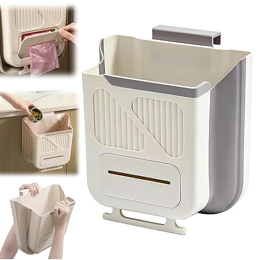 Folding Hanging Kitchen Waste Trash Can, Collapsible Space-Saving Foldable Hanging Garbage Bin for Cabinet Door, Kitchen, Bathroom, RV and Office (Grayish White,10L)
