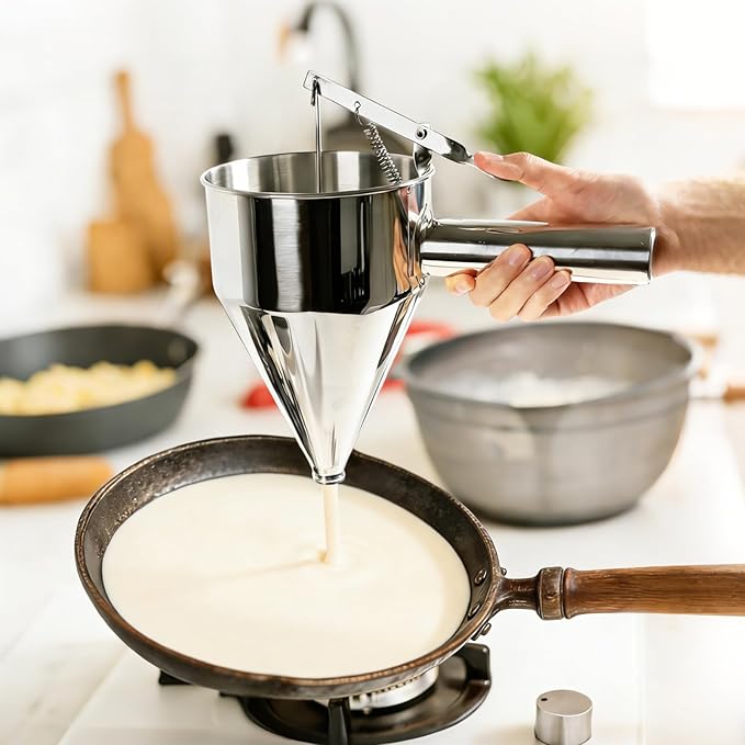 40oz Stainless Steel Pancake Batter Dispenser, Pancake Dispenser with Stand and Squeeze Handle, 4 Interchangeable Nozzles for Pancakes, Cupcakes, Waffles and Baked Goods