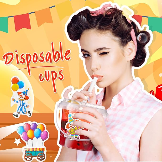 Funnymoom 30 Set Carnival Circus Drink Buckets with Lids and Straws 24oz Clear Disposable Plastic Cups Rum Cocktail Pails with Handles & Cups for Adult Party Favors, Vintage Theme Party Supplies