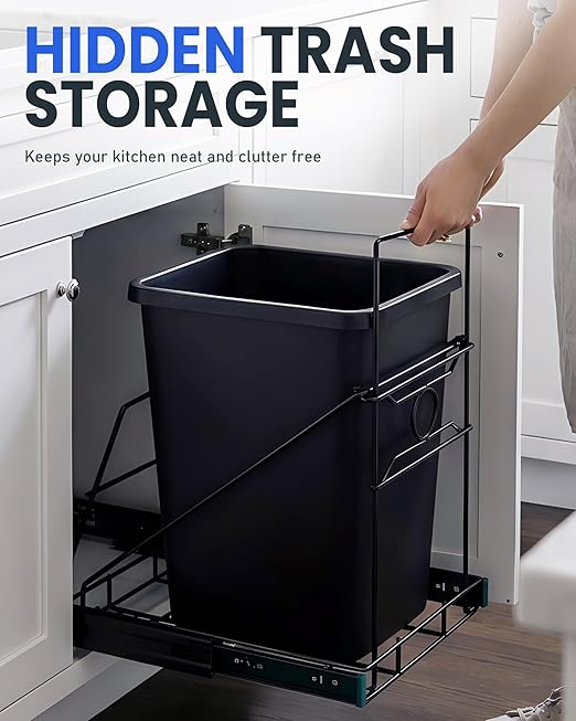 Pull Out Trash Can Under Cabinet Adjustable Trash Can Holder for 7 to 11 Gallon Bin Bottom Mount Slide Out Trash Rack for Narrow Cabinets(Black, No Bin Included)