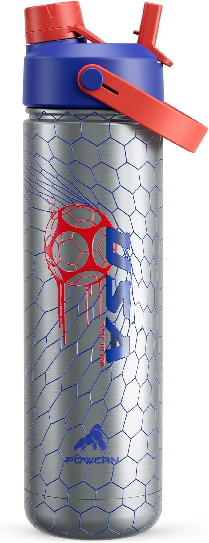 POWCAN 26 oz Insulated Water Bottle with 2-in-1 Straw and Spout Lid, Keep Cold 24H, Leak-Proof, Fits in Car Cup Holder, Stainless Steel Water Bottle for Soccer Lovers, and Sports Fans (NetBreaker USA)