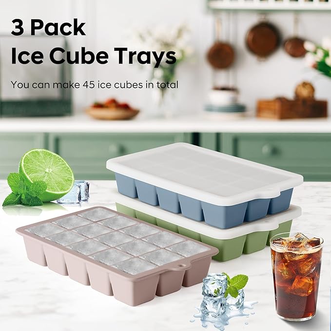 HANCELANT Silicone Ice Cube Trays Set of 2, Easy Release 15 Square with Removable Lid Reusable Freezer Stackable for Whiskey, Cocktails and Homemade, Keep Drinks Chilled, BPA Free, Blue