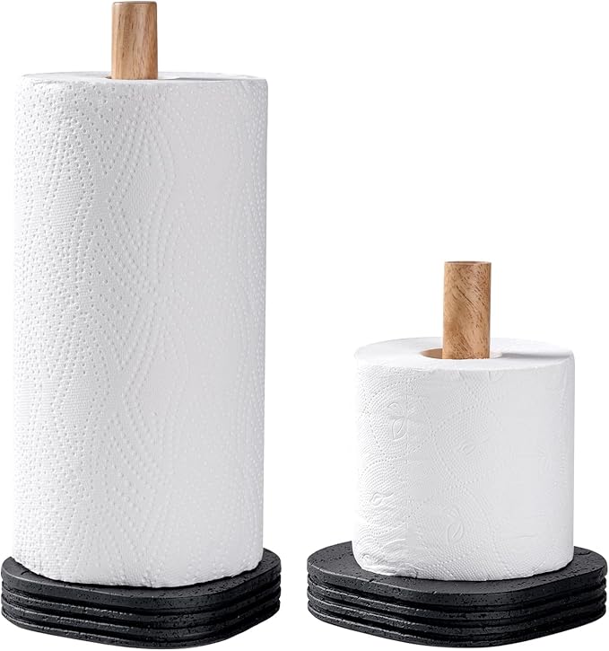 Black Travertine Standing Paper Towel Holder for Kitchen Countertop, Bathroom Shelf Toliet Top Paper Roll Holder with Weighted Base and Sturdy Wood Stand,for Standard or Plus Rolls, Height-Adjustable