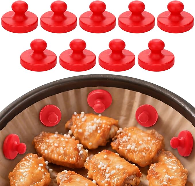 Juome Air Fryer Magnets for Parchment Paper, 9PCS Silicone Magnetic Buckle for Air Fryer Liners, Air Fryer Accessories Safely Lock Air Fryer Liner Disposable to Prevent Burning (Red）