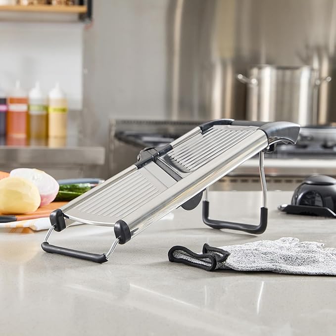 Restaurantware Stainless Steel Adjustable Mandoline Slicer - German Standard Vegetable Slicer with Blade Guard, Cut-Resistant Gloves, Cleaning Brush - Food Slicer for Potato, Onions, Cucumbers, Tomato