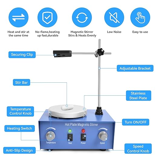 Vevitts 1000ml Magnetic Stirrer Hot Plate Magnetic Mixer Stir Plate Lab Stirrers 2400 RPM 100°C Stirring Bar