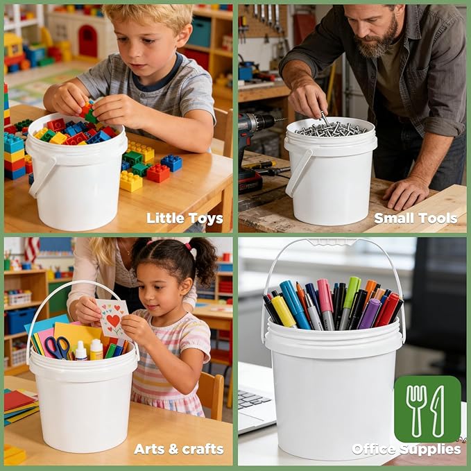 4 Pack 1.3 Gallon White Plastic Storage Buckets with Screw Lids, Food Grade Container with Measurement Markings, Reusable Small Container