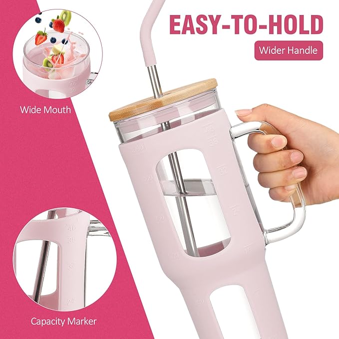 WINSA Glass Tumbler with Lid and Straw, 46 oz Iced Coffee Cup with Handle, Large Water Bottles with Silicone Sleeve, Glass Cup with Straws - Pearl Straw & Drinking Straw BPA Free-CottonPink