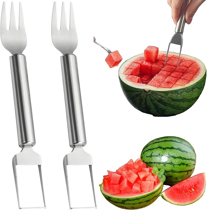 Watermelon Fork Slicer Cutter 2-in-1 watermelon cutter 2Pcs Stainless Steel Watermelon Slicer Tool Portable Fruit Cutter Kitchen Gadgets for Camping Picnics Home Use