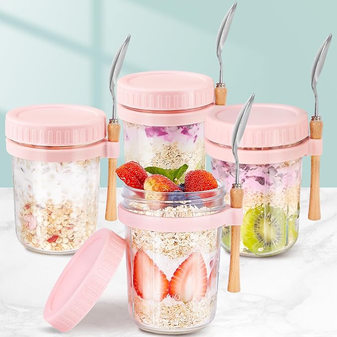 HomArtist Glass Overnight Oats Containers with Lids and Spoon, 16oz Wide Mouth Mason Jars for Overnight Oats, Cereal, Yogurt, Salad Lunch Container with Measurement Marks - Pink 4 Pack