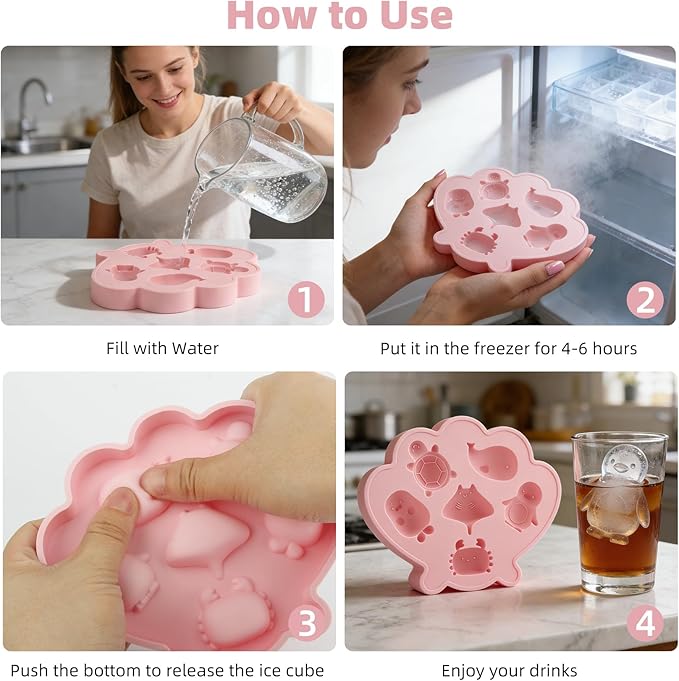 Fu Store Ice Cube Tray Shell Silicone Ice Cube Trays with Cute Marine Life Shapes Cubes Easy to Release Perfect for Freezer Home, Kitchen, Drinks, Cocktail, Coffee, Chocolate Mold (Pink)