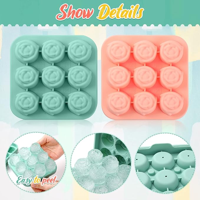 Censen 4 Pcs Silicone Rose Ice Cube Mold with Covers Fun Shapes Flower Ice Cube Mold Trays Maker 9 Cavity Easy Release Form for Whiskey Bourbon Cocktails Wine Coffee Juices and More