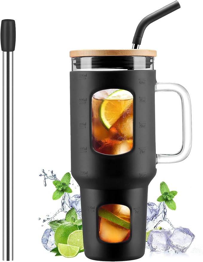 WINSA Glass Tumbler with Straw and Lid, 40 oz glass cup with handle, Glass Water Bottles with Time Marker, Silicone Protective Sleeve-Black