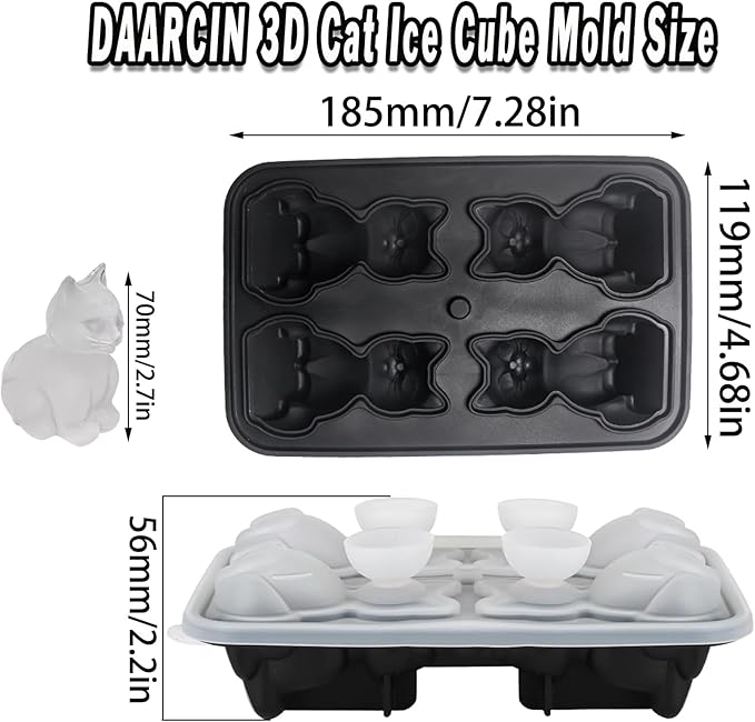 3D Cat Ice Cube Mold,Slow-Melting & BPA-Free Silicone Cat Shapes Ice Cube Tray for OXO Whiskey Cocktail Drink Bourbon，Funny animal Shape Ice Cube Mold is the Best Gift for Cats Iovers (Black)