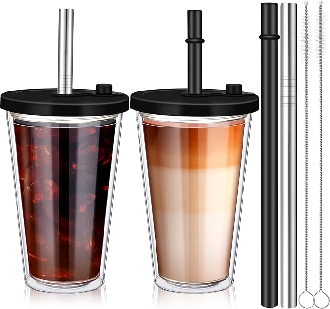 Honeydak 2 Pack 16 oz Reusable Iced Coffee Cups with Lids and Straws Leakproof Double Wall Insulated Clear Plastic Iced Coffee Tumblers with Straw Brushes