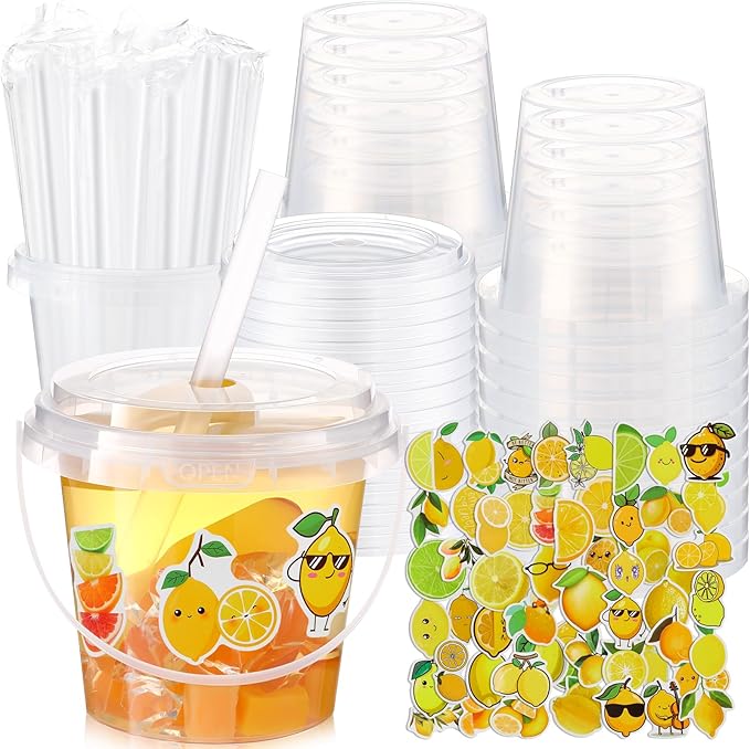 Funnymoom 50 Set Lemonade Buckets with Lids and Straws 24oz Clear Plastic Drink Cups Disposable Rum Cocktail Drinking Pails with Handles Bulk for Summer Lemon Themed Wedding Birthday Party Supplies