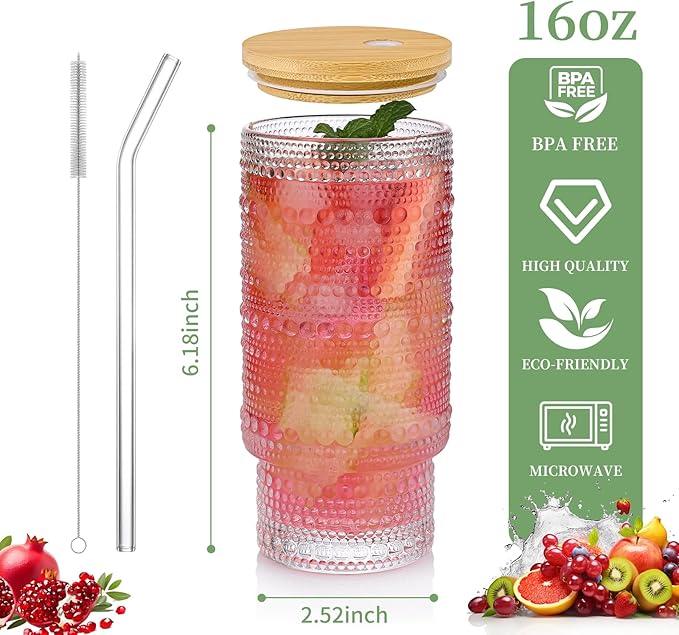 16oz Glass Cups with Lids and Straws, 4 Pack Vintage Drinking Glasses Tumblers Polka Dot Iced Coffee Cups for Kitchen, Home, Office, Gifts