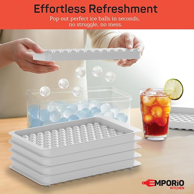 Emporio Kitchen Round Ice Cube Tray Set Pack of 4, BPA-Free Stackable Trays with Lid & Tongs, 104 Ice Balls Per Tray for Whiskey, Drinks, and Cocktails, Quick Release Round Ice Cube Mold, White