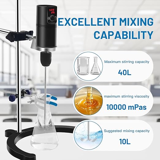 Electric Overhead Stirrer, LCD Digital Overhead Lab Mixer,Time and Speed Adjustable, 100-2000RPM, 0-10000mpas, Mix40L, Two Stirring Rods