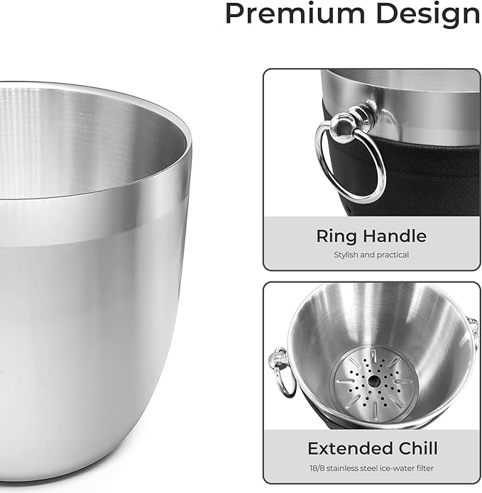 Fortune Candy Insulated Ice Bucket - Double Walled Stainless Steel Ice Bucket with Ice Tongs, Scoop, Lid, and Exclusive Handmade Nylon Holder - 2.8 L (Black)