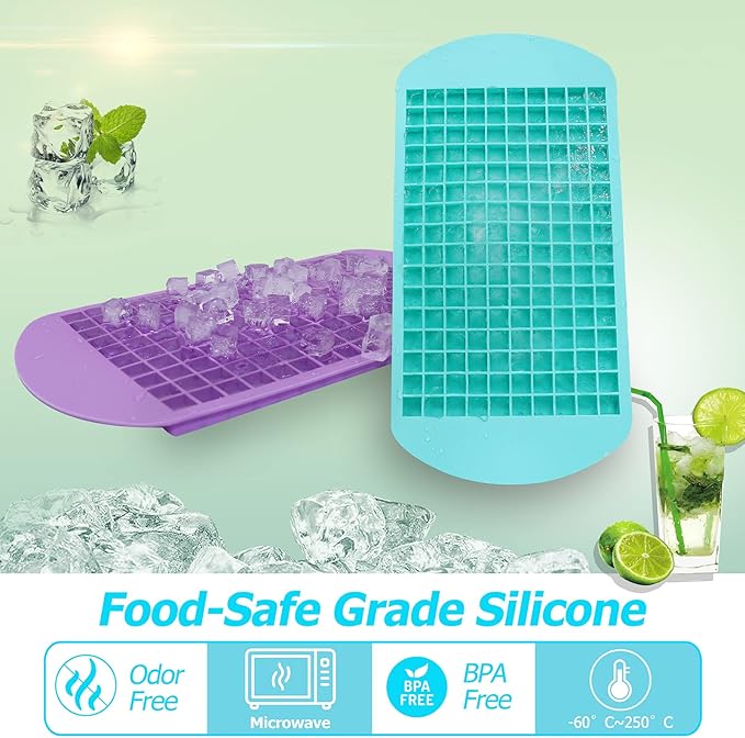 Silicone Mini Ice Cube Trays 2 Pack, 160 Small Ice Cube Molds Easy Release Crushed Ice Cube for Chilling Whiskey Cocktail, BPA Free Flexible Stackable and Durable Soft Mold Storage Containers