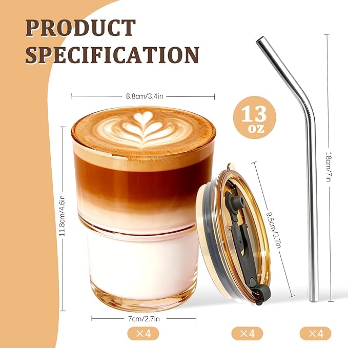 4 Packs Glass Tumbler with Lid and Straw 13 oz Cute Ice Coffee Cup Set for Smoothie Juice Matcha Tea Latte Cappuccino Espresso Hot Coffe Water Reusable Clear Travel Boba Small Drinking Mug