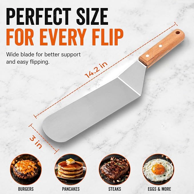 Medium Grill Spatula – Metal Spatula with Wooden Handle & Beveled Edges, Heavy Duty Flat Top Turner for Skillets, Griddles & Grills, Smash Burger Flipper, Stainless Steel Cooking Tool (Style 05)