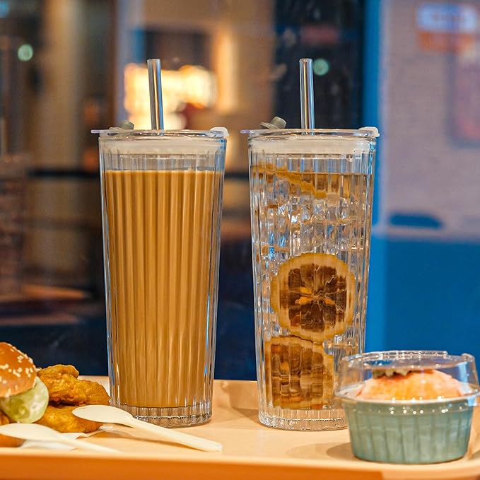 20oz Glass Tumblers with Lids and Straws - Stylish Vintage Ribbed Design for Iced Coffee, Juice, Smoothies, Milkshakes, Cold Beverages & Whiskey Cocktail Beer (Pure Vertical Stripes)