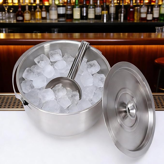 Ice Bucket, Stainless Steel Champagne Bucket with Lid, Double Handles, Scoop & Tongs Set, Drink Cooler for Parties, Wedding, Bar Cart, Patio, Holiday Hosting, New Year Toasts, for Home Entertaining