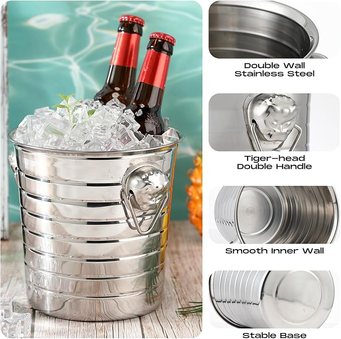 Pinkunn 6 Pack Stainless Steel Champagne Bucket 3 Qt Metal Ice Bucket Double Wall Wine Buckets with Handles Party Beverage Chiller for Champagne Beer Cocktail Wine Drinks Home Bar Accessories (Silver)