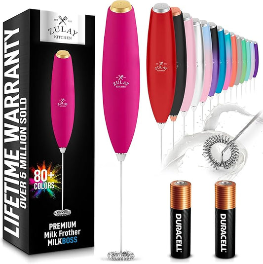 Zulay Kitchen Milk Frother Handheld Electric Whisk with AA Duracell Batteries – Durable Drink Mixer for Coffee, Lattes, Cappuccinos & More - Hot Pink