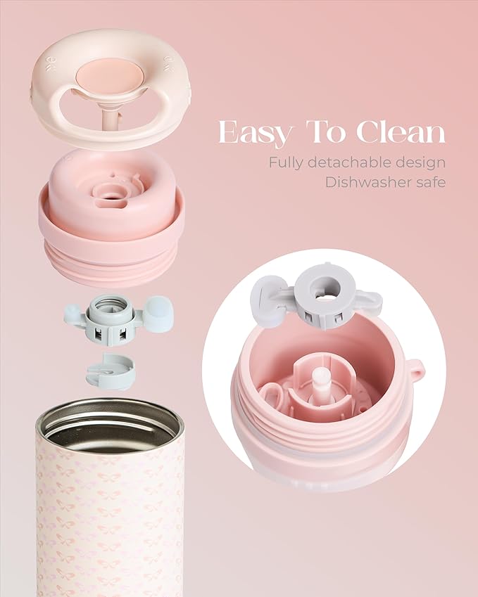 15 oz Stainless Steel Coffee Tumbler with Twist-Open Lid, Insulated Travel Mug for Iced Coffee Cold Brew and Warm Beverages, Leakproof, BPA-Free, Cup Holder Friendly, Bow Charm, Coquette Pink