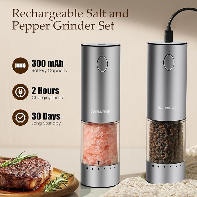 Newise Electric Salt and Pepper Grinder Set - Mothers Day Kitchen Gifts for Women, Mom, Rechargeable with LED Lights, Stainless Steel Automatic Mill, Adjustable Coarseness, Large Capacity, Silver