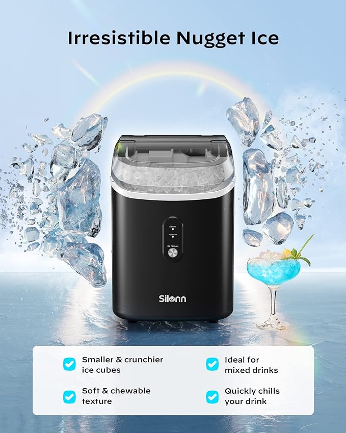 Nugget Ice Maker Countertop, Silonn Chewable Pellet Ice Machine with Self Cleaning Function, Pebble Portable Ice Maker with Ice Scoop for Home Kitchen Office, Black