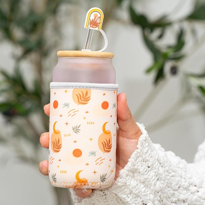 The Love Crate Co. Boho Gifts for Women - Cute Design Glass Cup with Lid and Straw, Customized Stopper and Insulated Cup Sleeve for Iced Coffee and Smoothies. Giftable Unique Tumbler Cups for Women