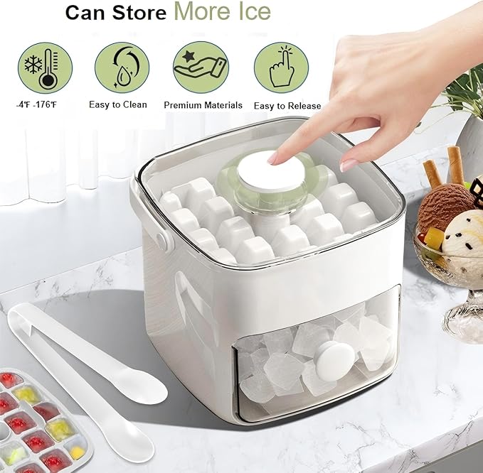 Ice Cube Tray with Lid & Bin Ice Maker Ice Trays for Freezer Ice Container- Reusable Ice Mold for Whiskey, Cocktail, Coffee, Beer Drinks with Ice Trays Ice Tongs (White)