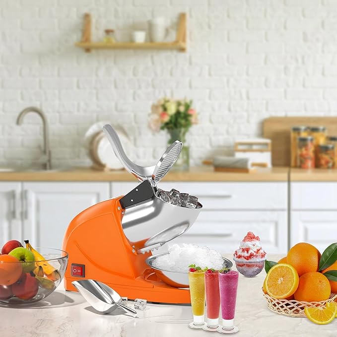 Shaved Ice Machine, Electric 3 Blade Snow Cone Machine, 380W Crusher Ice Maker, 286 lb/hr Ice Crusher, Commercial and Home Ice Crusher (Orange)