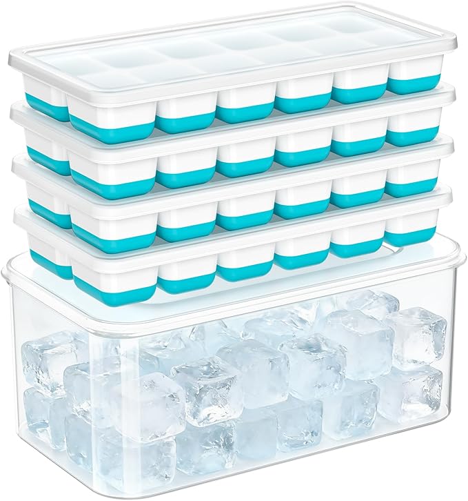 NFK Ice Cube Tray with Lid & Bin - 4 Pack 48 Cubes Stackable Silicone Trays for Freezer with Storage Container, Leak-Proof Lids, BPA-Free, Easy Release for Kitchen, RV, Party, Cocktail & Coffee