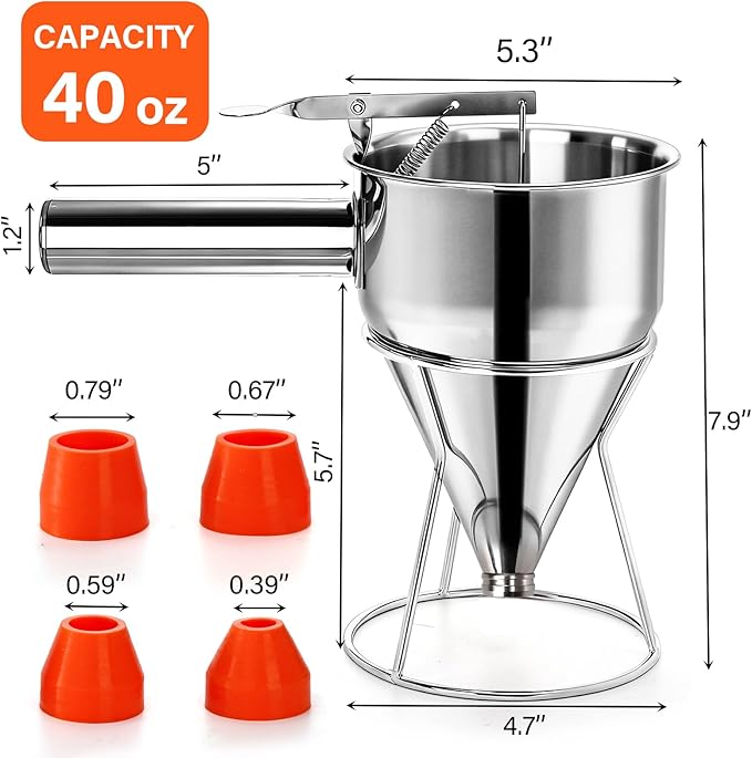 WRINGKIT 40 Oz Pancake Batter Dispenser, Stainless Steel 4 Caliber Funnel Cake Dispenser with Stand, Pancake Mix Dispenser with Handle, Funnel Cake Maker for Cupcakes, Muffins, Waffle and Baked Goods