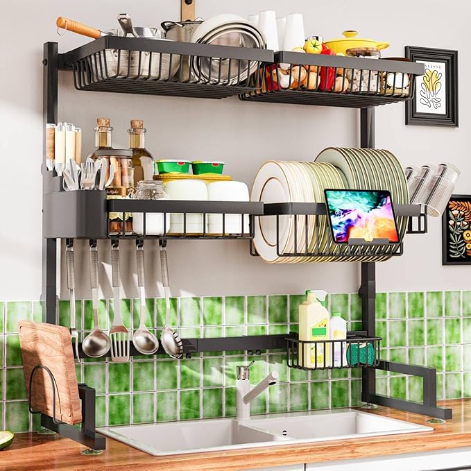 ilvvan Over The Sink Dish Drying Rack 27-40L x 12W x 32.5-37H (inches) (Expandable Height and Length) Snap-On Design 2 Tier Large Dish Rack