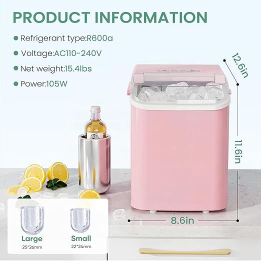 Ice Makers Countertop, Portable Ice Machine with Handle, 6 Mins 9 Bullet Ice Cubes with Basket and Scoop, 26lbs in 24Hrs, Auto-Cleaning, for Home, Kitchen, RV, Camping, Pink
