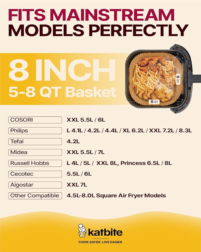 Katbite Air Fryer Liners Disposable - 8 inch Square Non-Stick Perforated Airfryer Paper Liners, Unbleached Parchment Paper for 5 to 8 Qt Basket, Frying, Baking, Cooking, Roasting, Easy Cleanup, 130pcs