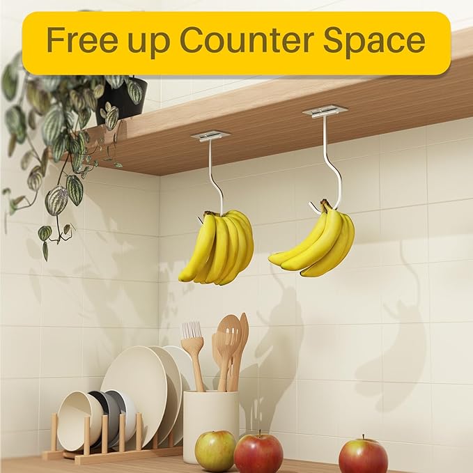 2-Pack Self Adhesive Banana Hook, Metal Banana Hanger Hook,Under Cabinet Hook For Bananas Or Kitchen Items, Foldable Banana Hook, Folds Up With Magnets When Not In Use, Keep Bananas Fresh, Silver