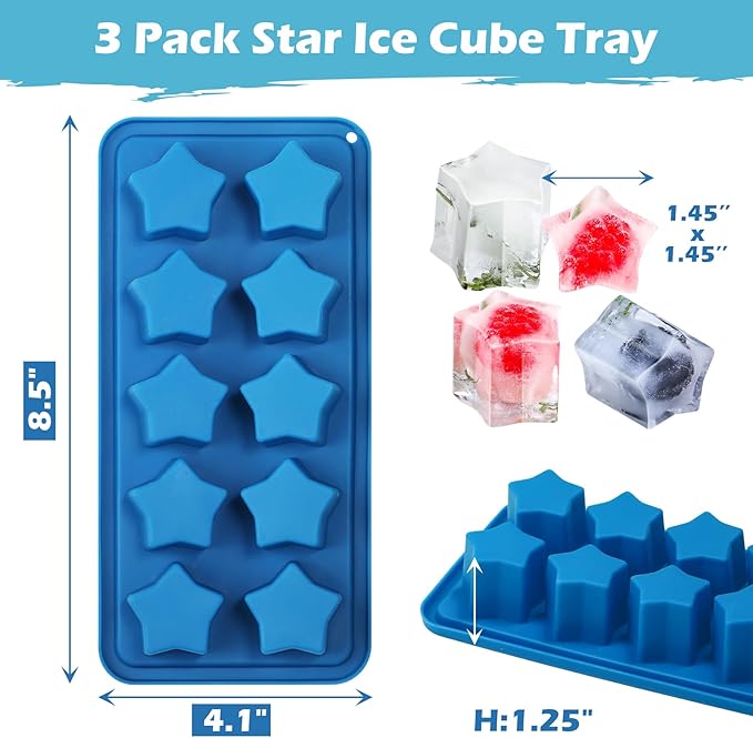 Webake Silicone Ice Cube Trays Star Shaped Ice Cube Molds for Whiskey and Cocktails, Easy Release Jelly Crayon Mold Pack of 3 Blue
