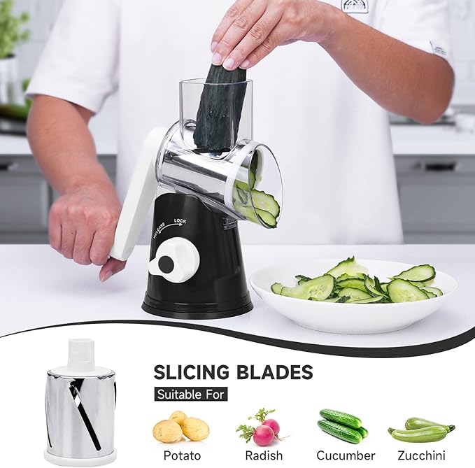 Rotary Cheese Grater with Handle, Kitchen Mandoline Vegetable Slicer with 3 Interchangeable Blades & Strong Suction Base, Easy to Clean Grater for Vegetables, Fruit, Nuts, Black