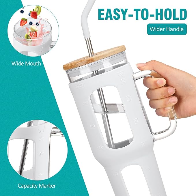 WINSA Glass Tumbler with Lid and Straw, 46 oz Iced Coffee Cup with Handle, Large Water Bottles with Silicone Sleeve, Glass Cup with Straws - Pearl Straw & Drinking Straw BPA Free-White