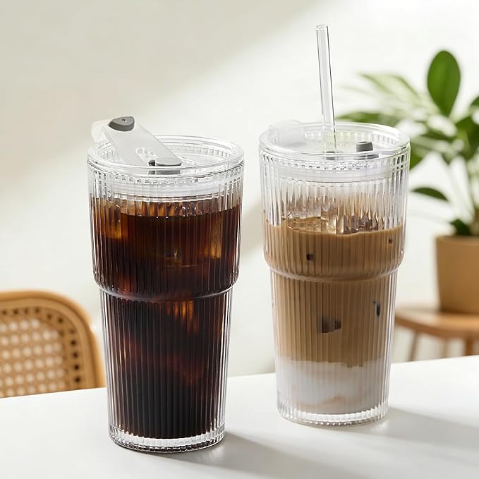 TUZAZO 20 Oz Glass Tumblers with Lids and Straws - 2 Pack Ribbed Glass Iced Coffee Cup with Straw and Lid, Thicken Glasses, Ideal for Smoothieds, Cocktails, and Juices