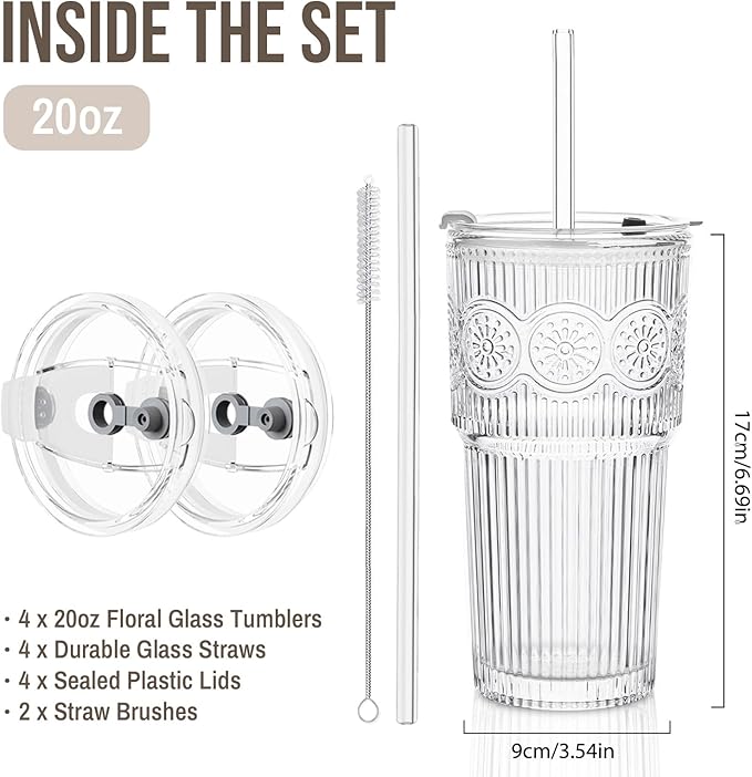 SoulTimes 20oz Ribbed & Floral Glass Tumbler Set of 4 – Reusable Glass Cups with Lid and Glass Straw, To-Go Iced Coffee Cups for Water, Smoothie, Milk, Cocktail & More – Perfect for Daily Use & Travel