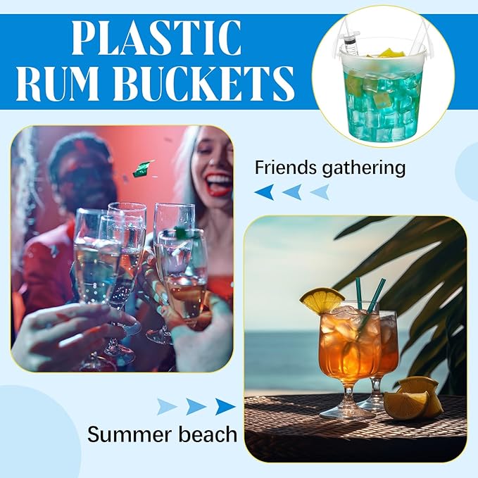 Willinglong 100 Set 32oz Clear Plastic Drink Buckets Rum Buckets for Drink with Straws, Lids and Beverage Syringes Reusable Iced Coffee Cups for Rum Wine Beer Cocktail Beverage Lemonades