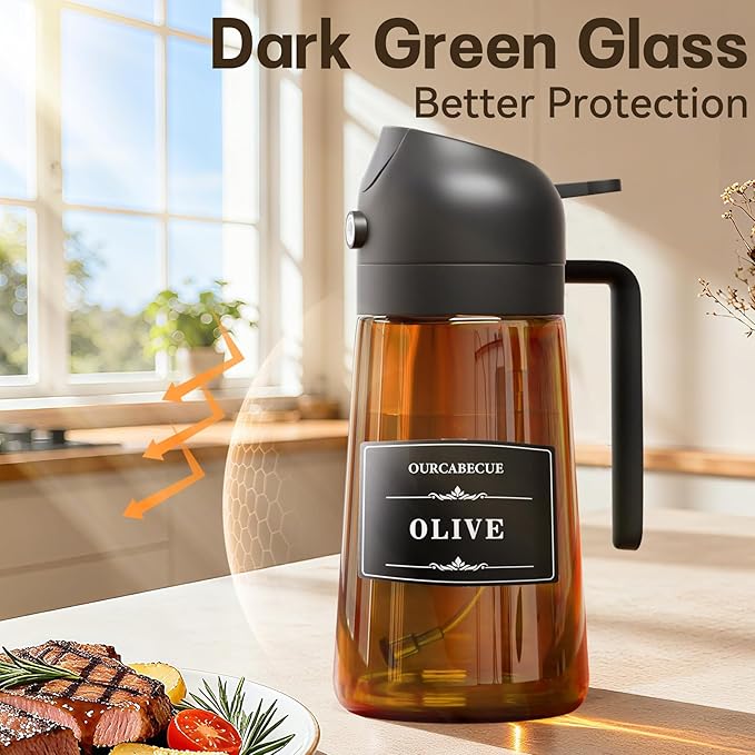 OURCABECUE 2 in 1 Olive Oil Sprayer for Cooking, 16oz Olive Oil Dispenser Bottle for Kitchen, Light-Blocking Dark Glass Oil Bottle, Food-Grade Oil Mister with 8 Oil Stickers (Amber Bottle-Black Cap)
